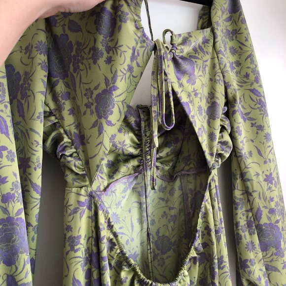 Urban Outfitters Kitty Printed Puff Sleeved Lilac Green Midi Dress - Picture 9 of 9